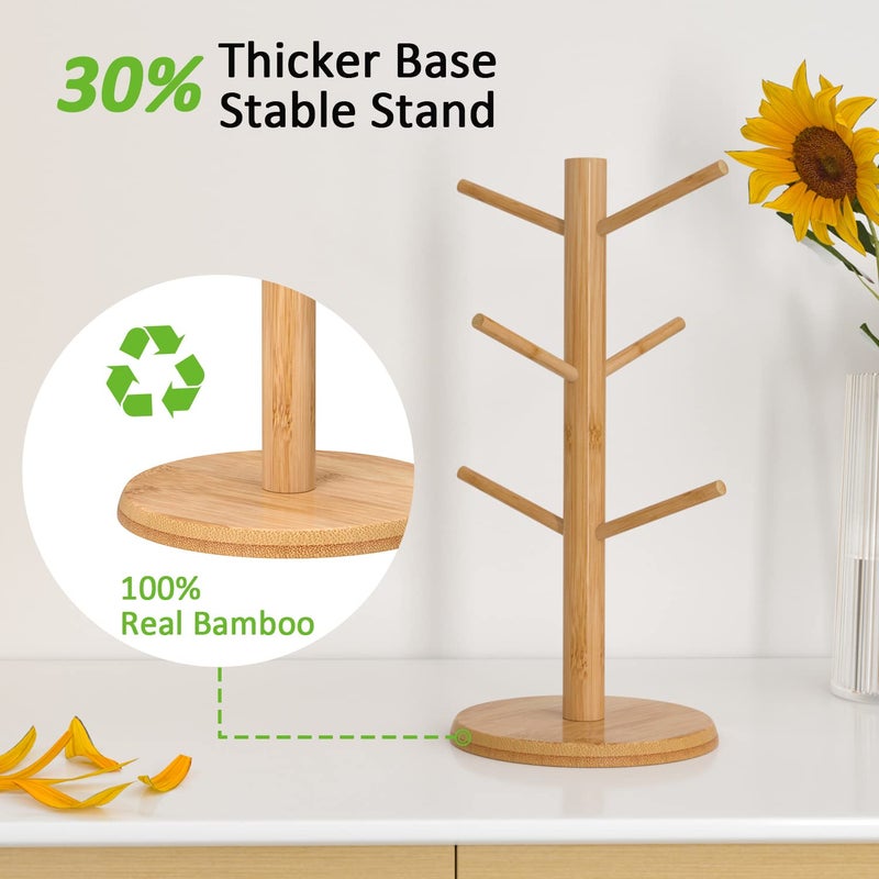Wisuce Bamboo Mug Tree with Thicker Base - Countertop Coffee Cup Stand with 6 Hooks - Image 4