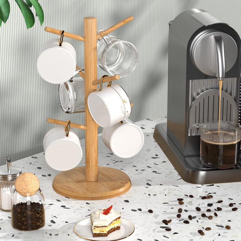 Wisuce Bamboo Mug Tree with Thicker Base - Countertop Coffee Cup Stand with 6 Hooks - Image 5