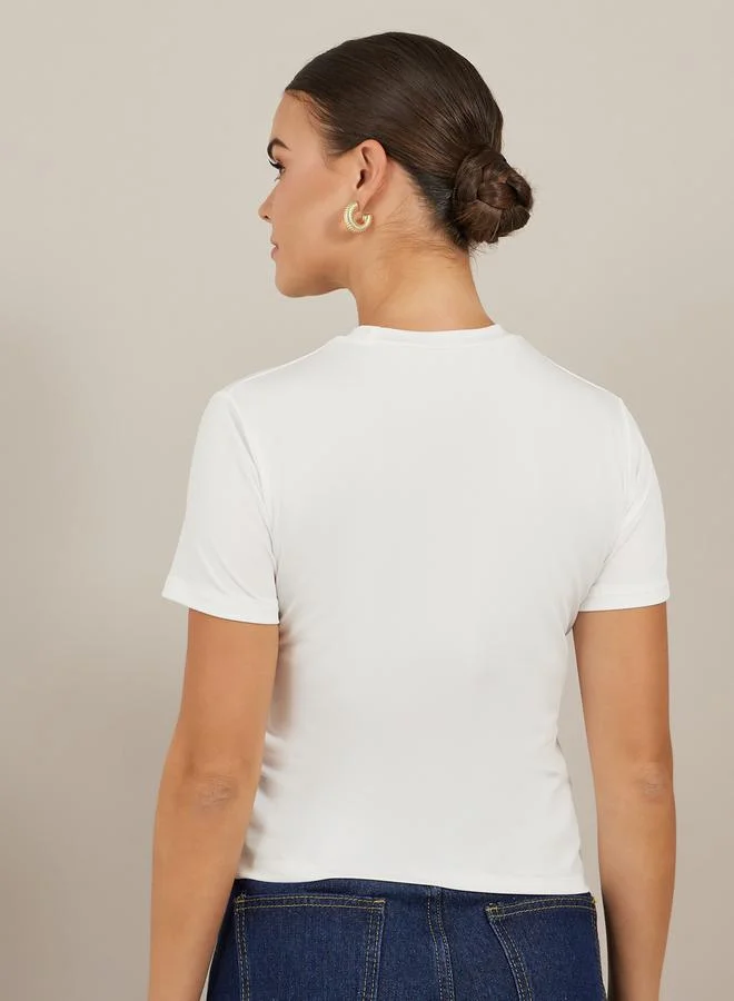 Styli Slogan Print Round Neck Crop T-Shirt