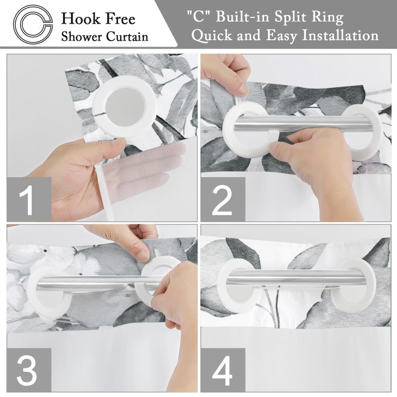 Gibelle Extra Long No Hook Shower Curtain with Snap-in Fabric Liner Set - 72"" x 86""(84"")  Hotel Style Grey Eucalyptus Leaves Shower Curtain with See Through Top Window  Waterproof & Washable - Image 3