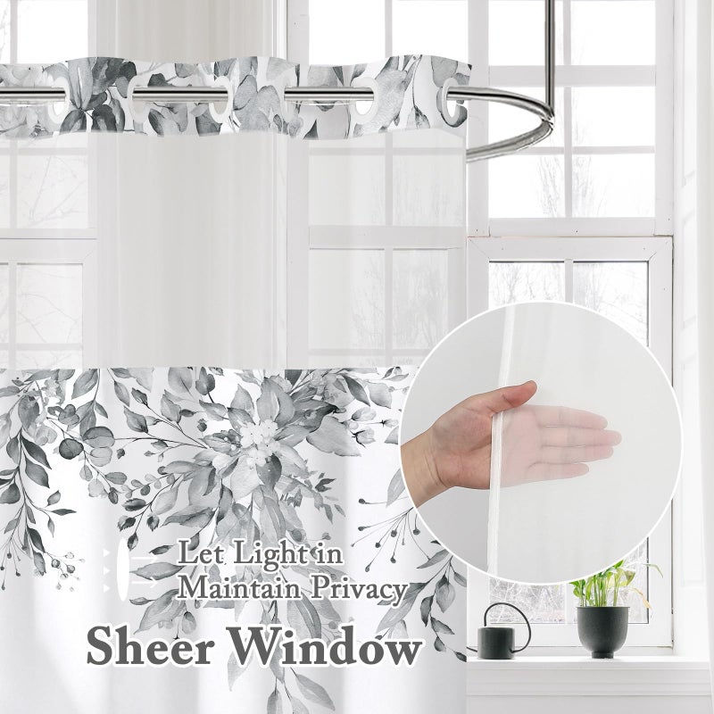 Gibelle Extra Long No Hook Shower Curtain with Snap-in Fabric Liner Set - 72"" x 86""(84"")  Hotel Style Grey Eucalyptus Leaves Shower Curtain with See Through Top Window  Waterproof & Washable - Image 1