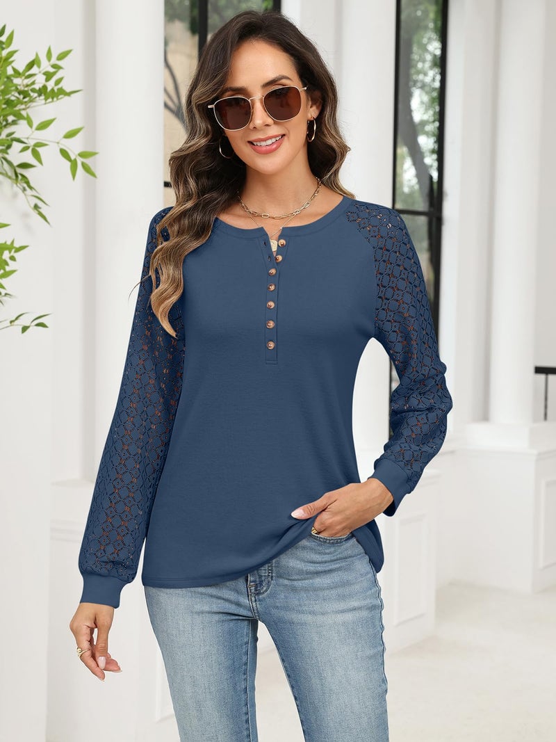Minetom Women's Lace Long Sleeve Tops Henley Shirts Casual Blouses T Shirts Fall Clothes Navy Blue - Image 3