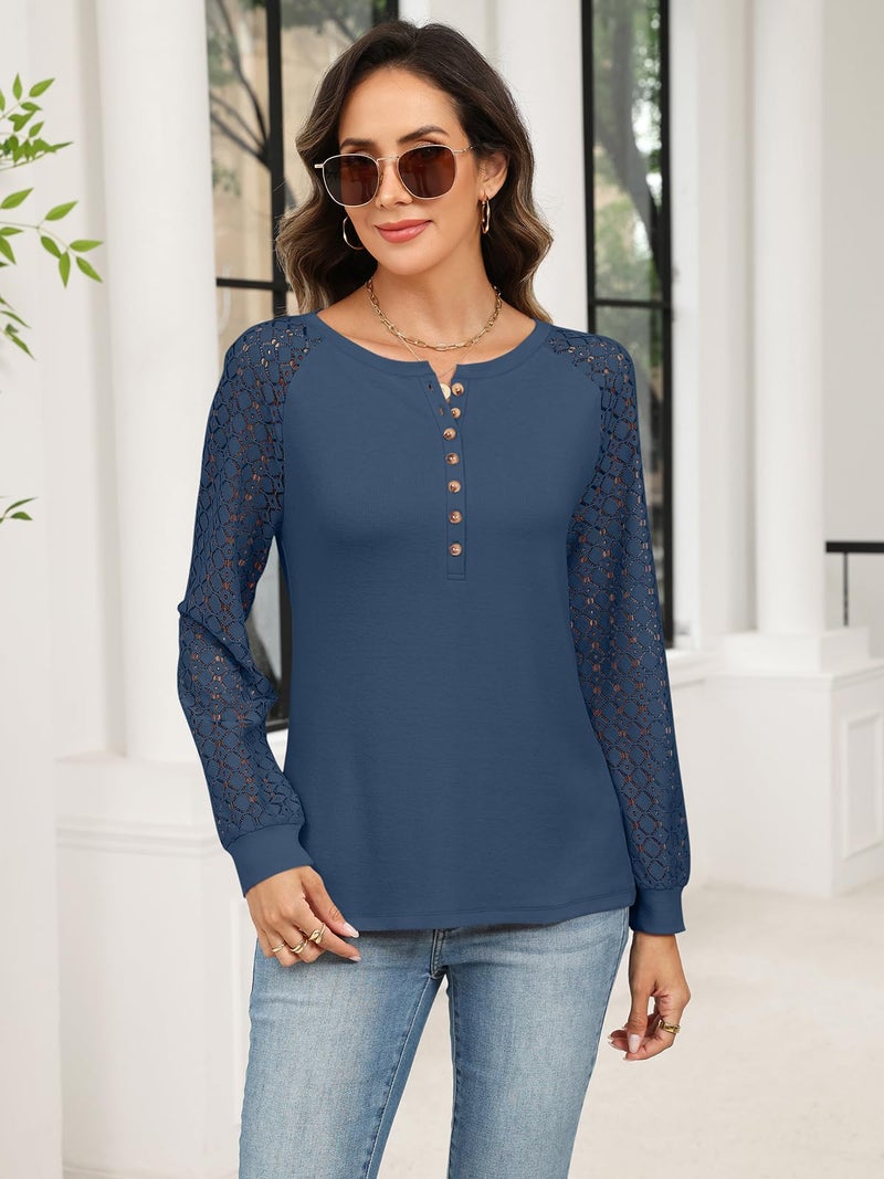 Minetom Women's Lace Long Sleeve Tops Henley Shirts Casual Blouses T Shirts Fall Clothes Navy Blue - Image 2