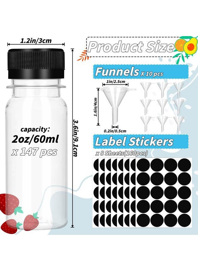 UZLU 147 Pcs 2 oz Small Plastic Juice Bottles with Black Caps Mini Clear Ginger Shot Containers with Tamper Proof Lids Reusable Travel Bottles with Funnels Labels for Juice Milk Water Other Beverages - Image 2