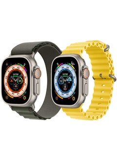 Nylon G-hook Loop Buckle Watch Strap Dark Green Silicone Ocean Band Strap Yellow Set of 2 for Apple Watch Ultra 8 49mm