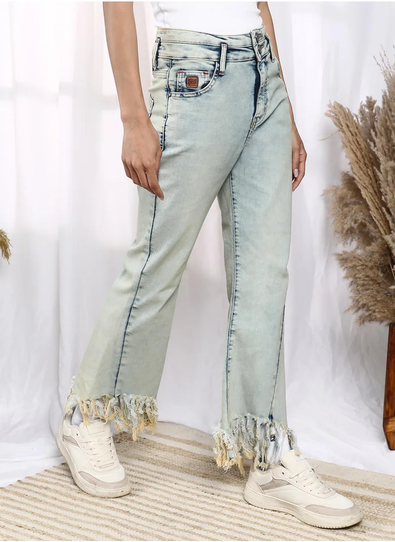 PINACOLADA Women's Light Blue Fringed Flared Denim Jeans