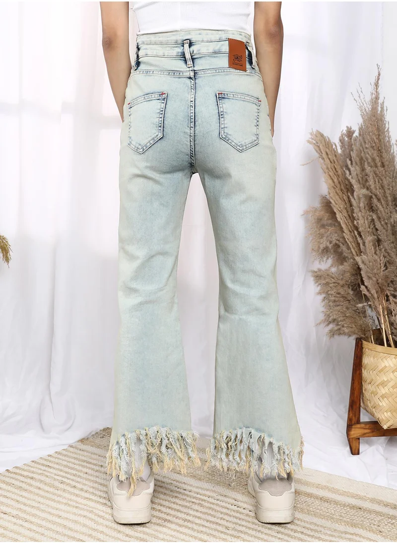 PINACOLADA Women's Light Blue Fringed Flared Denim Jeans