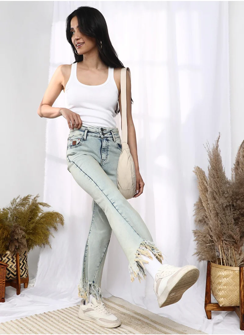 PINACOLADA Women's Light Blue Fringed Flared Denim Jeans