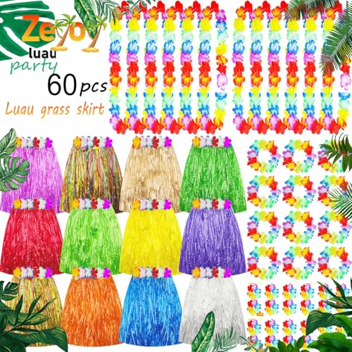 Zeyoy 60 Pcs Hawaiian hula skirts & leis themed party decorations,Adult Luau Grass Skirt Suitable for Tropical Beach Parties, Holidays, Birthdays, Party Favors, Party Decorations and Supply (15.7inches) - Image 1