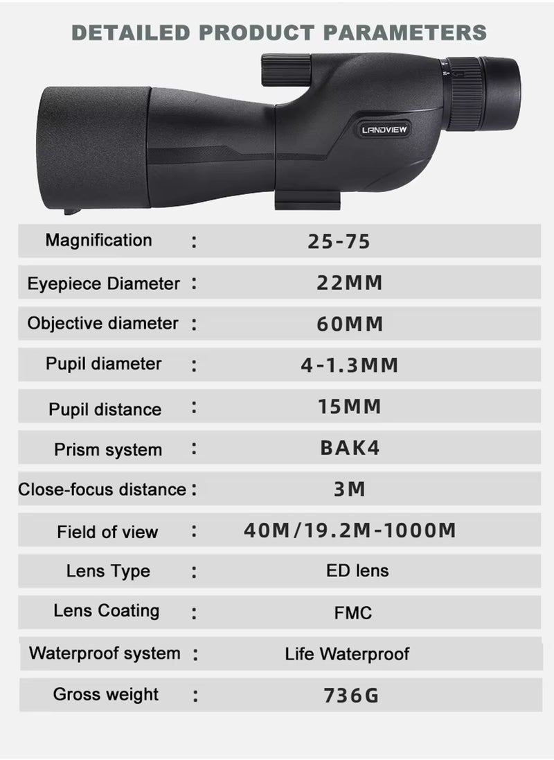 DBLEW - 25-75x60 High Power Spotting Scope with Metal Tripod & Phone Adapter, BAK4 Prism & FMC Lens for Bird Watching, Hunting, Wildlife Adventure Photography, Outdoor Camping, Target Shooting, Waterproof and Fog Proof Telescope with Carry Case & Accessories Low Light Vision 60mm Objective Diameter - Image 1