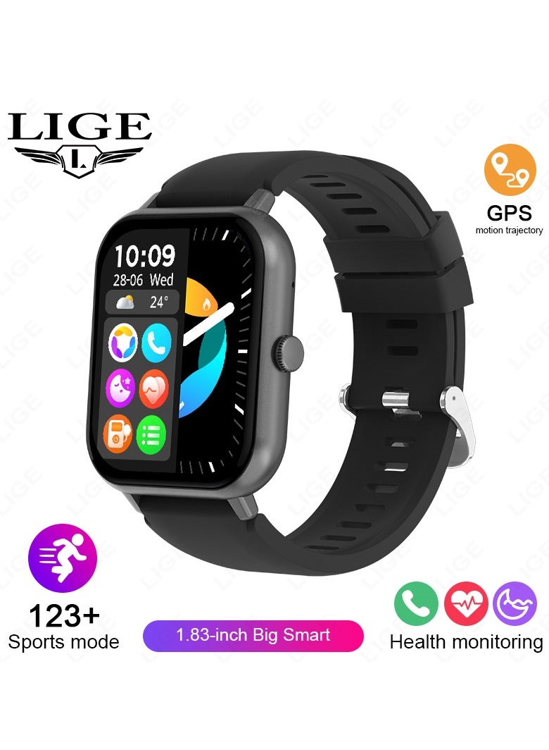 LIGE 1.83-Inch Men's Sport Black Strap Smartwatch, Multi-functional, Waterproof, Pedometer, Alarm Clock, Wireless Calling, Health Monitoring, Message Push Notifications. - Image 1