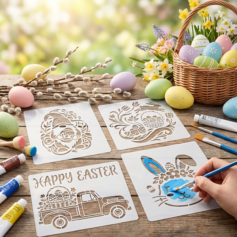 Happy Easter 4Pcs Plastic Bunny Stencil Set For Wall Canvas Home Craft Art Decor - Image 1