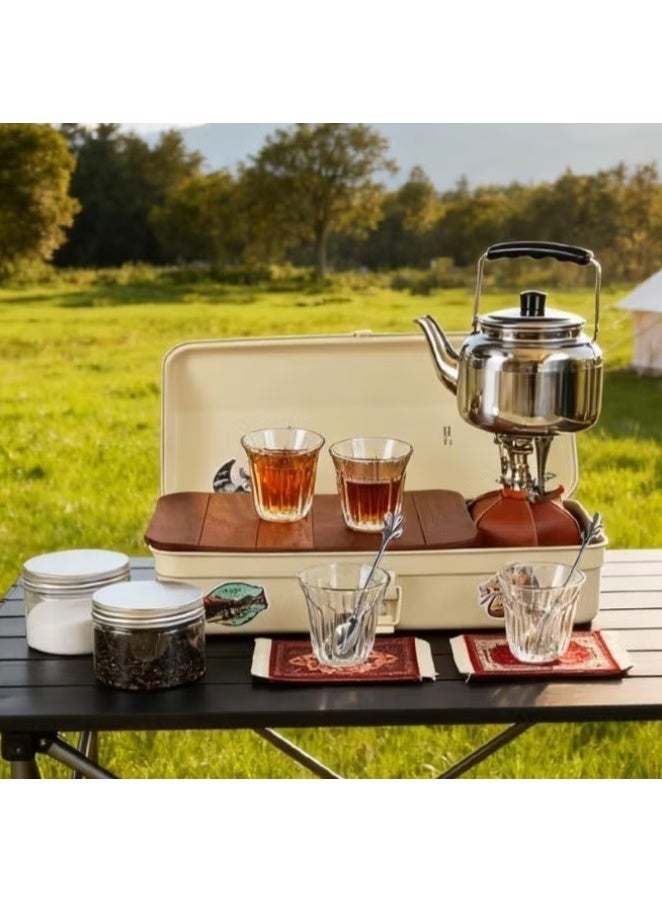 BlueFire White Portable Camping Tea Set with Mini Gas Stove – Outdoor Tea Kit with Camping Kettle & 4 Cups | Travel & Picnic Tea Set | Compact Camping Cookware Set for Outdoor Cooking | Ideal Portable Tea Set for Camping, Hiking & Desert Trips - Image 1