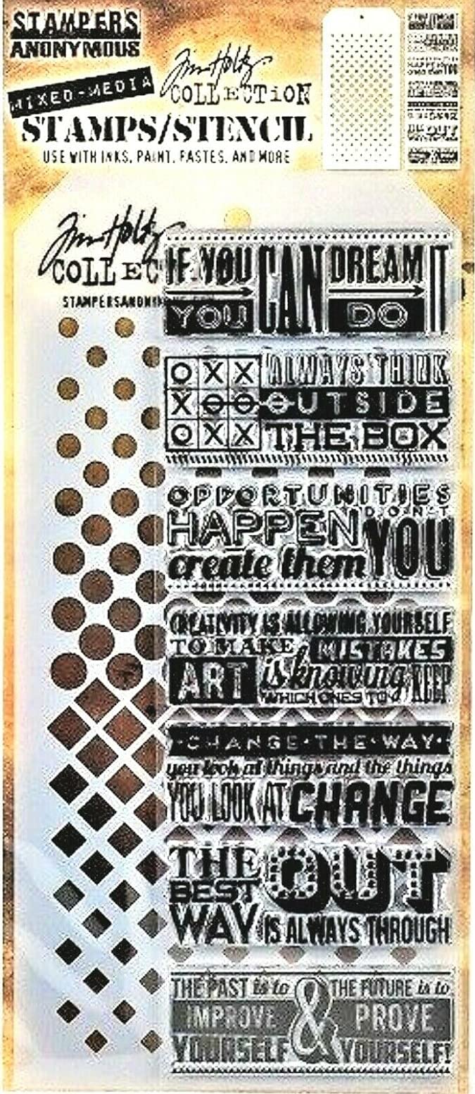 Tim Holtz Collection Stampers Anonymous Tim Holtz Dots and Phrases Mixed Media Stamp and Stencil Set THMM117