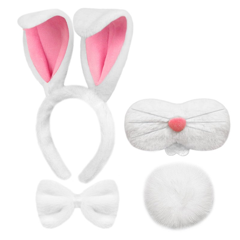 Parma77 Easter Bunny Costume Set, White Plush Bunny Ears Headband, Bowtie, Nose, Bunny Tail for Women Adults, Bunny Dress up Accessories for Halloween Party Supplies - Image 1