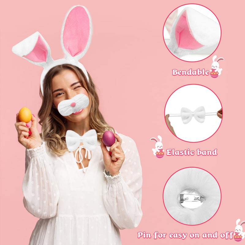 Parma77 Easter Bunny Costume Set, White Plush Bunny Ears Headband, Bowtie, Nose, Bunny Tail for Women Adults, Bunny Dress up Accessories for Halloween Party Supplies - Image 3
