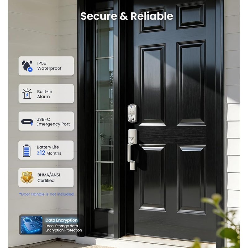 Veise VE017 Fingerprint Smart Door Lock, App Control, 7-in-1 Keyless Entry, Auto Lock, Emergency Power Port, Electronic Touchscreen Keypad, Biometric Smart Locks for Front Door, Satin Nickel - Image 5