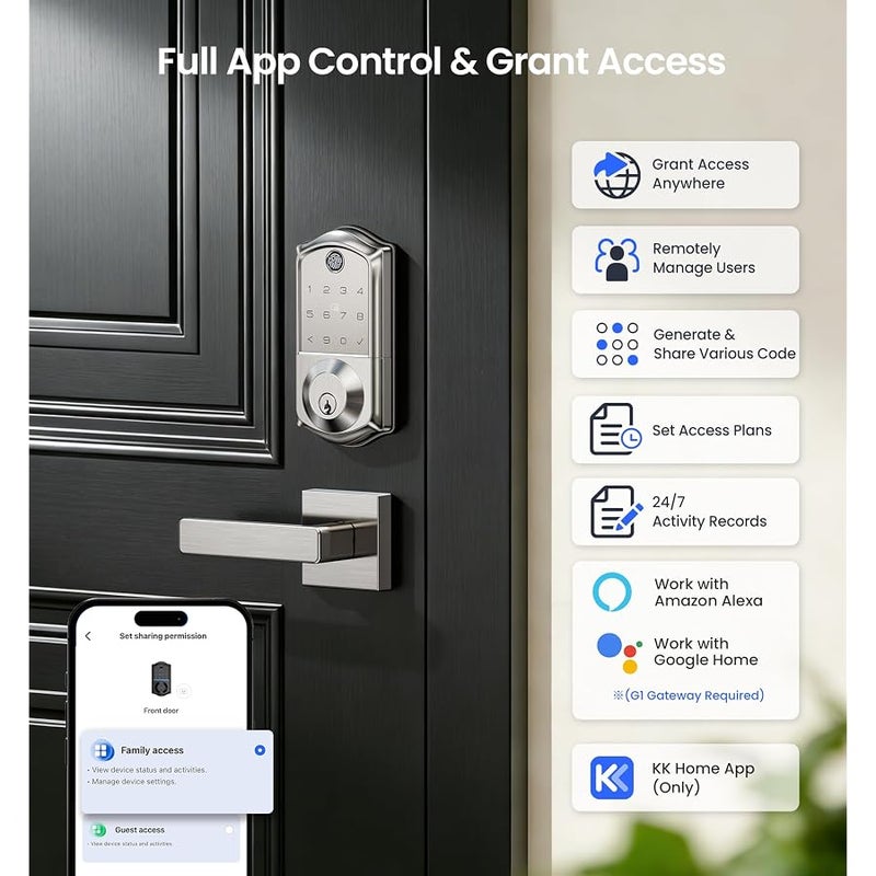 Veise VE017 Fingerprint Smart Door Lock, App Control, 7-in-1 Keyless Entry, Auto Lock, Emergency Power Port, Electronic Touchscreen Keypad, Biometric Smart Locks for Front Door, Satin Nickel - Image 2