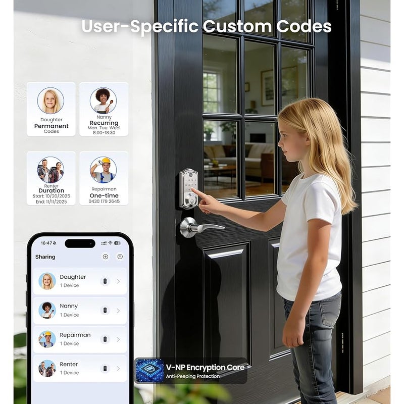 Veise VE017 Fingerprint Smart Door Lock, App Control, 7-in-1 Keyless Entry, Auto Lock, Emergency Power Port, Electronic Touchscreen Keypad, Biometric Smart Locks for Front Door, Satin Nickel - Image 4