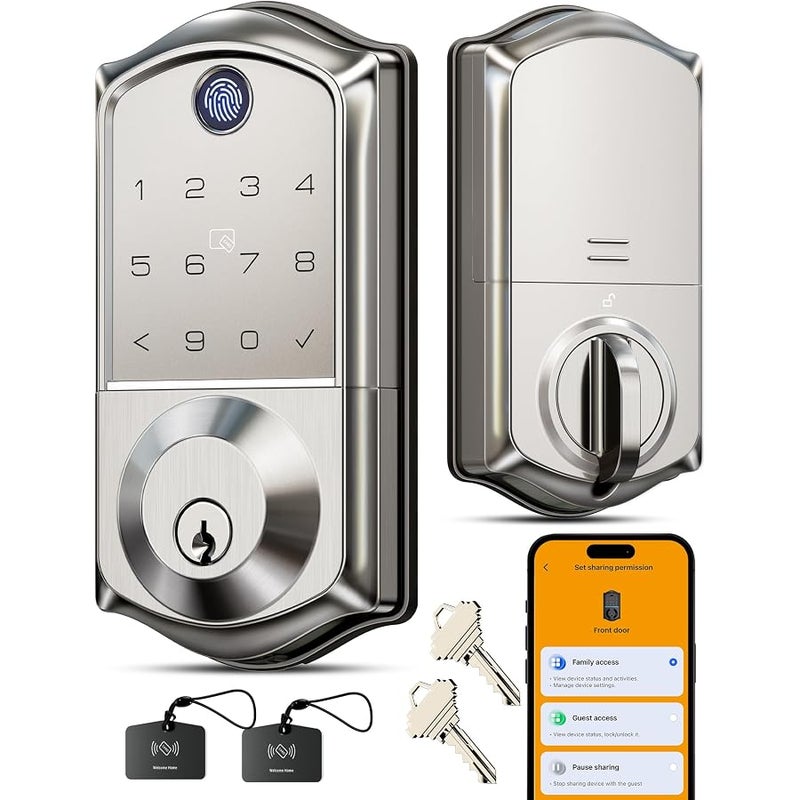 Veise VE017 Fingerprint Smart Door Lock, App Control, 7-in-1 Keyless Entry, Auto Lock, Emergency Power Port, Electronic Touchscreen Keypad, Biometric Smart Locks for Front Door, Satin Nickel - Image 1