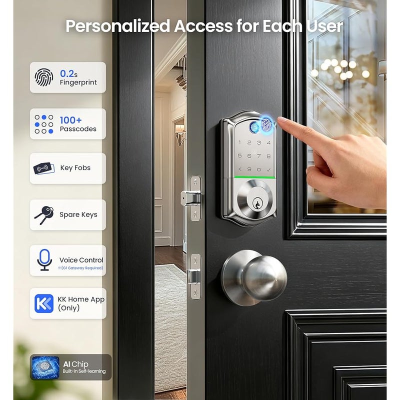 Veise VE017 Fingerprint Smart Door Lock, App Control, 7-in-1 Keyless Entry, Auto Lock, Emergency Power Port, Electronic Touchscreen Keypad, Biometric Smart Locks for Front Door, Satin Nickel - Image 3