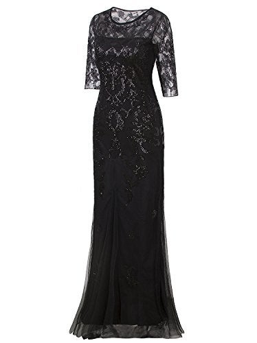 Vijiv Vintage 1920s Long Wedding Prom Dresses 2/3 Sleeve Sequin Party Evening Gown,Black,Large - Image 3
