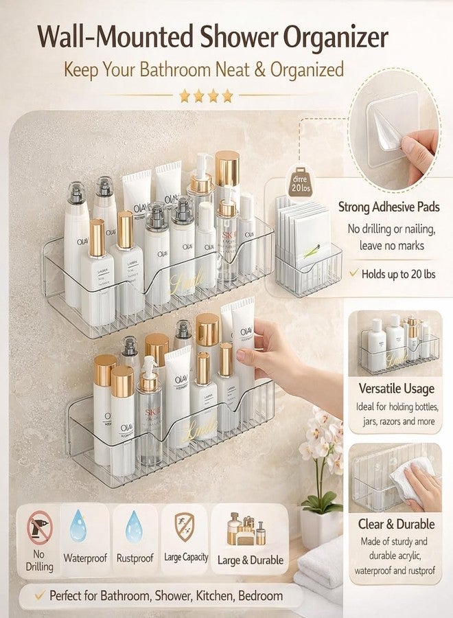 DNkitch Wall Mounted Shower Organizer Shelf Clear Plistic Bathroom Storage Rack with Strong Adhesive No Drill Waterproof & Rustproof Shelf for Bathroom, Kitchen & Bedroom (Pack of 2) - Image 5