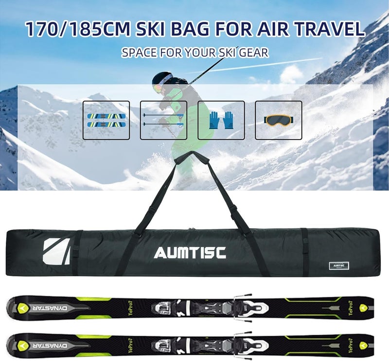 AUMTISC Fully Padded Ski Bag, Single Ski Bags for Air Travel, Waterproof Snow Ski Bag for Flying with Adjustable Handle, Perfect for Skiing, Storage and Transport, 170 185 cm - Image 5