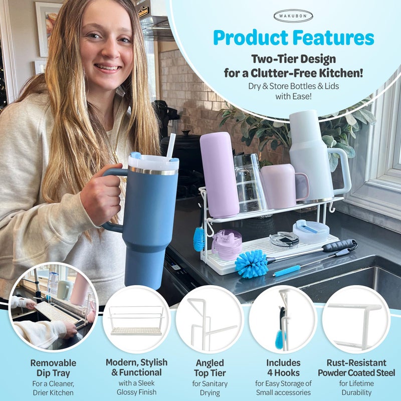 WAKUBON Bottle Drying Rack for Kitchen Countertop - Two-Tier for Water Bottles and Tumblers, Space-Saving Storage Stand with Drainage Tray, Includes Water Bottle Drying Rack Brush Cleaning Set (White) - Image 3