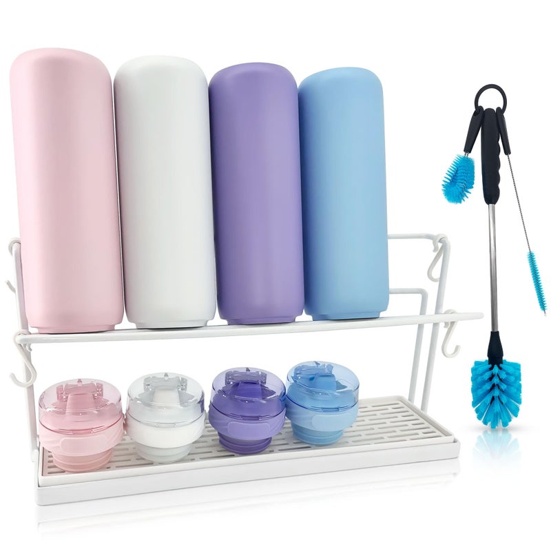 WAKUBON Bottle Drying Rack for Kitchen Countertop - Two-Tier for Water Bottles and Tumblers, Space-Saving Storage Stand with Drainage Tray, Includes Water Bottle Drying Rack Brush Cleaning Set (White) - Image 1
