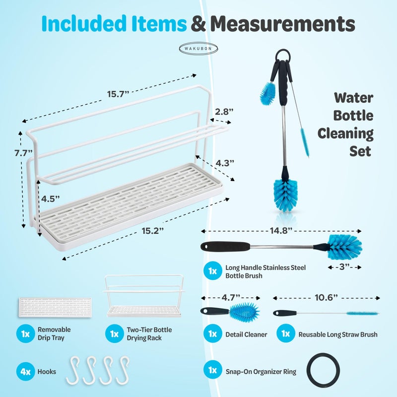WAKUBON Bottle Drying Rack for Kitchen Countertop - Two-Tier for Water Bottles and Tumblers, Space-Saving Storage Stand with Drainage Tray, Includes Water Bottle Drying Rack Brush Cleaning Set (White) - Image 2