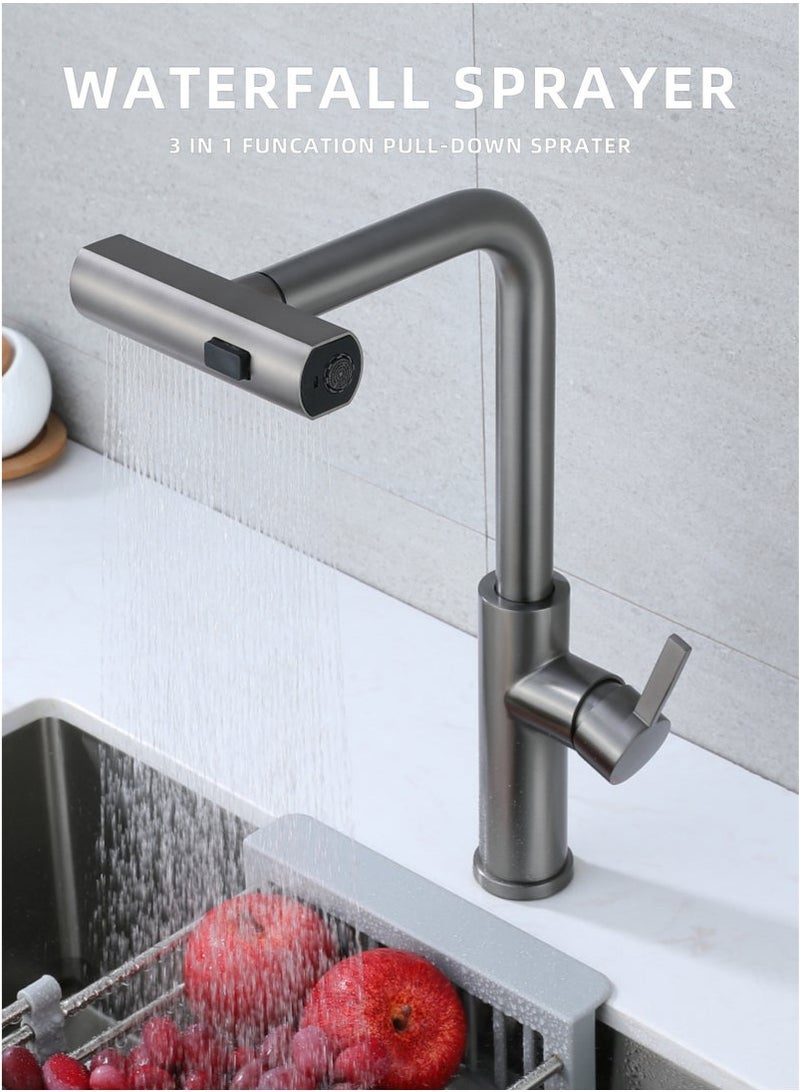 Arabest Kitchen Faucets, Brushed Gun Grey Kitchen Faucet with Pull Down Sprayer, 360° Swivel Waterfall Kitchen Sink Faucet, Sing Handle Stainl Steel Kitchen Faucets for Sink - Image 1