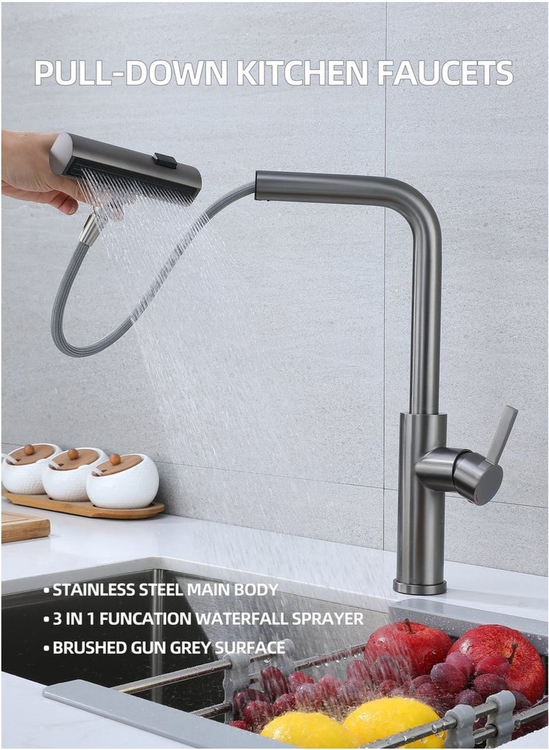 Arabest Kitchen Faucets, Brushed Gun Grey Kitchen Faucet with Pull Down Sprayer, 360° Swivel Waterfall Kitchen Sink Faucet, Sing Handle Stainl Steel Kitchen Faucets for Sink - Image 3