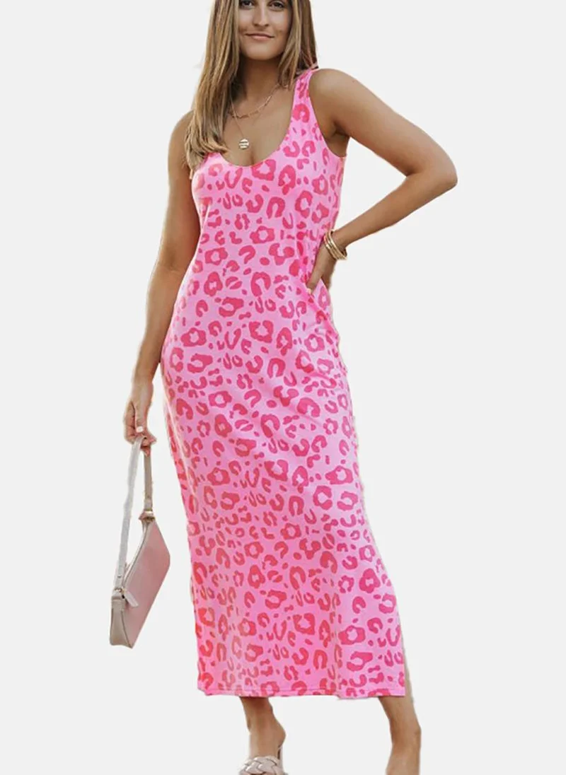 يونيكي Pink Basic Printed U-neck Sleeveless Dress