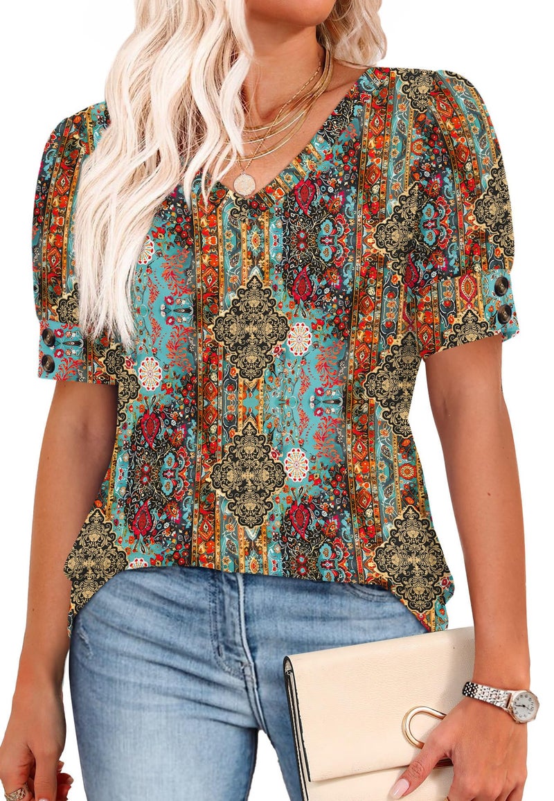 OFEEFAN Boho Tops for Women Beach Vacation Clothes Spring Summer Outfits Plus Size Short Sleeve Shirts Blouses Dressy Casual Tunics Brown 3XL - Image 4
