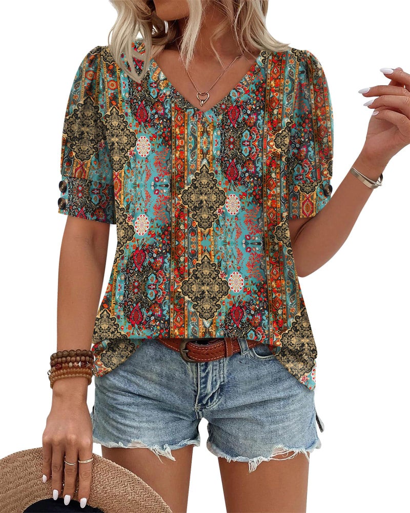 OFEEFAN Boho Tops for Women Beach Vacation Clothes Spring Summer Outfits Plus Size Short Sleeve Shirts Blouses Dressy Casual Tunics Brown 3XL - Image 2