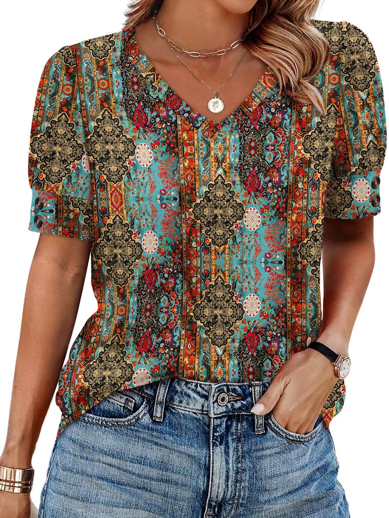 OFEEFAN Boho Tops for Women Beach Vacation Clothes Spring Summer Outfits Plus Size Short Sleeve Shirts Blouses Dressy Casual Tunics Brown 3XL - Image 1