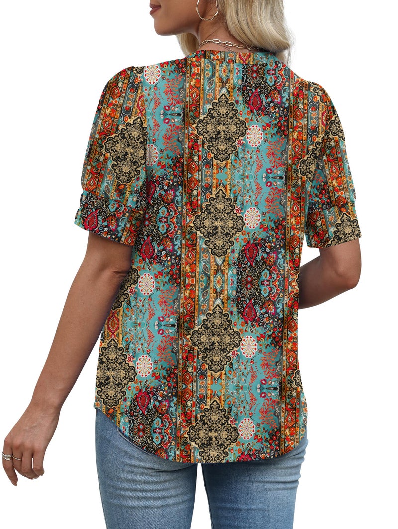 OFEEFAN Boho Tops for Women Beach Vacation Clothes Spring Summer Outfits Plus Size Short Sleeve Shirts Blouses Dressy Casual Tunics Brown 3XL - Image 5