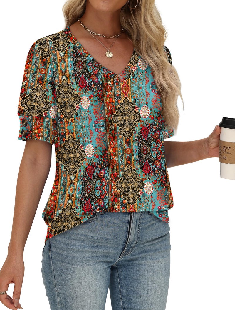 OFEEFAN Boho Tops for Women Beach Vacation Clothes Spring Summer Outfits Plus Size Short Sleeve Shirts Blouses Dressy Casual Tunics Brown 3XL - Image 3