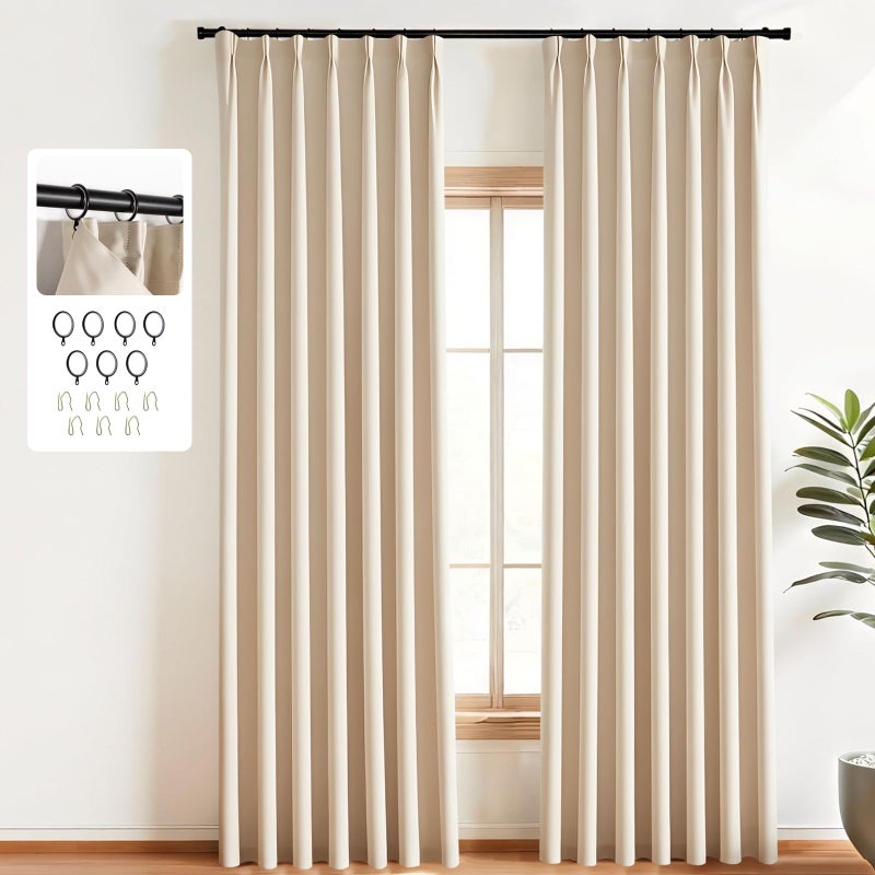 MaKefeile Pinch Pleated Curtains 2 Panels Blackout Pinch Pleated Drapes for Bedroom Living Room，Black Liner Thermal Insulated Draperies with Hooks&Curtain Ring W40 x H84 Inch Beige - Image 1