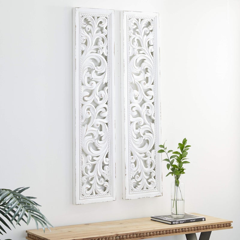 Deco 79 Wood Floral Home Wall Decor Intricately Carved Scroll Wall Sculpture, Set of 2 Wall Art 12"W, 50"H, White - Image 1