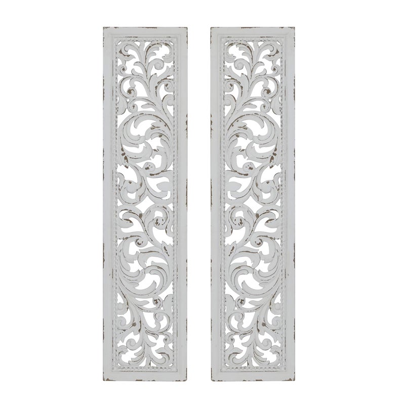 Deco 79 Wood Floral Home Wall Decor Intricately Carved Scroll Wall Sculpture, Set of 2 Wall Art 12"W, 50"H, White - Image 2