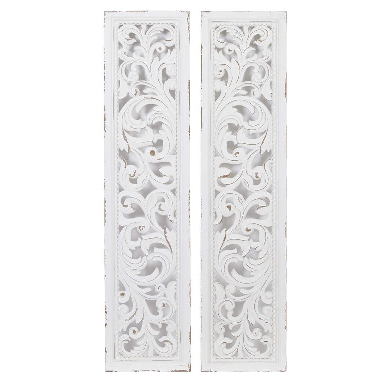 Deco 79 Wood Floral Home Wall Decor Intricately Carved Scroll Wall Sculpture, Set of 2 Wall Art 12"W, 50"H, White - Image 3