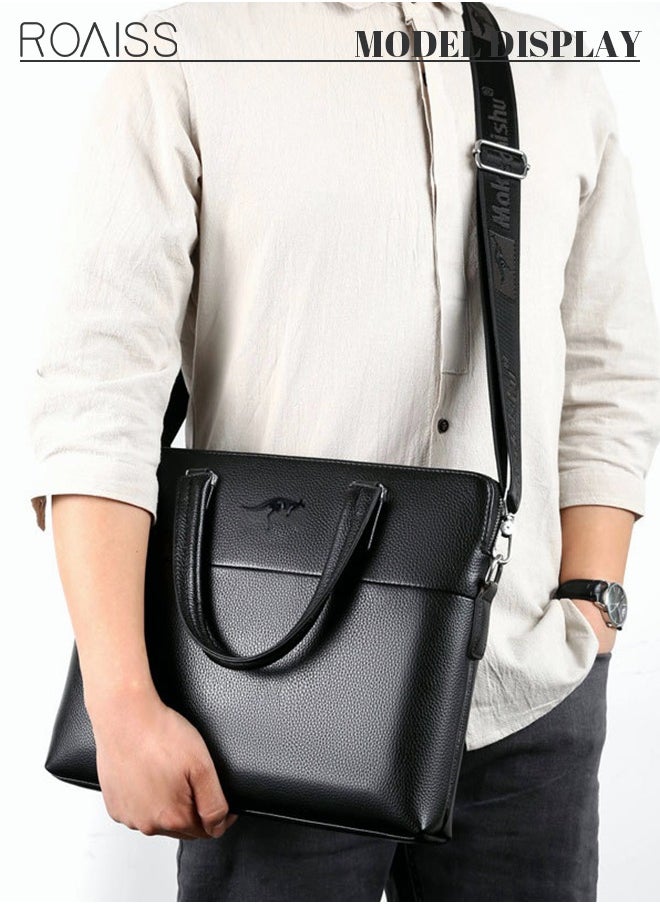 roaiss Classic PU Business Leather Briefcase 14-Inch Laptop Bag Large Slim Messenger Bag Soft Top Handle Handbag with Long Straps for Men Travel Office Work Black  - Image 1