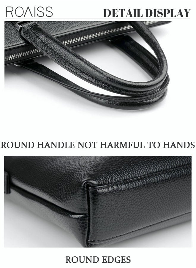 roaiss Classic PU Business Leather Briefcase 14-Inch Laptop Bag Large Slim Messenger Bag Soft Top Handle Handbag with Long Straps for Men Travel Office Work Black  - Image 5
