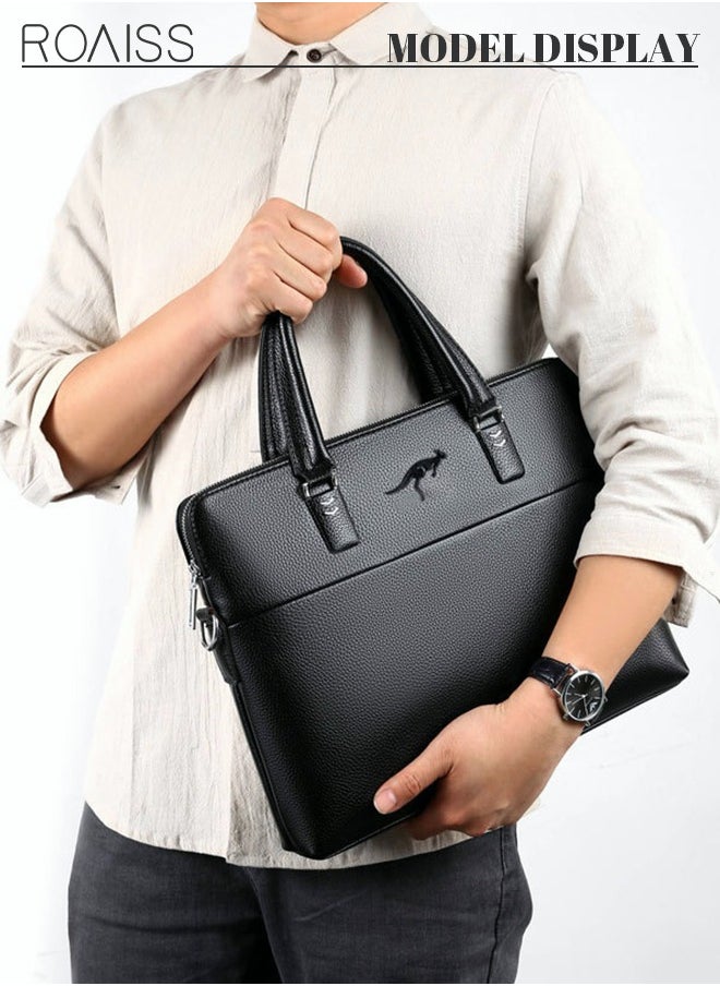 roaiss Classic PU Business Leather Briefcase 14-Inch Laptop Bag Large Slim Messenger Bag Soft Top Handle Handbag with Long Straps for Men Travel Office Work Black  - Image 2