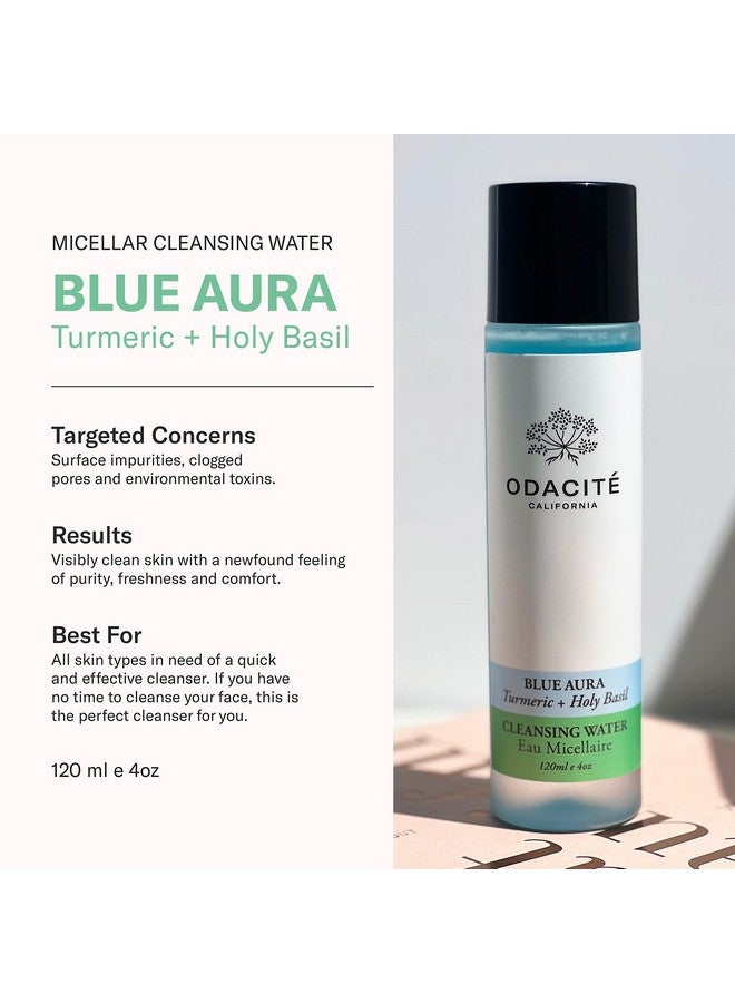 أوداسايت منظف الوجه من Odacité مع غسول الوجه الرغوي Blue Aura Cleansing Water مع النيم والريحان المقدس والكركم، يزيل ماء نورينس ميسيلار شوائب التلوث والمكياج 4.0 أونصة سائلة. أوز - Image 2