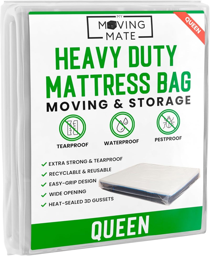 My Moving Mate حقيبة مرتبة كوين للنقل والتخزين - غلاف مرتبة بسمك 5 مل للنقل والتخزين - أكياس واقية للمرتبة - قوية، قابلة لإعادة الاستخدام، ومقاومة للتمزق - Image 1