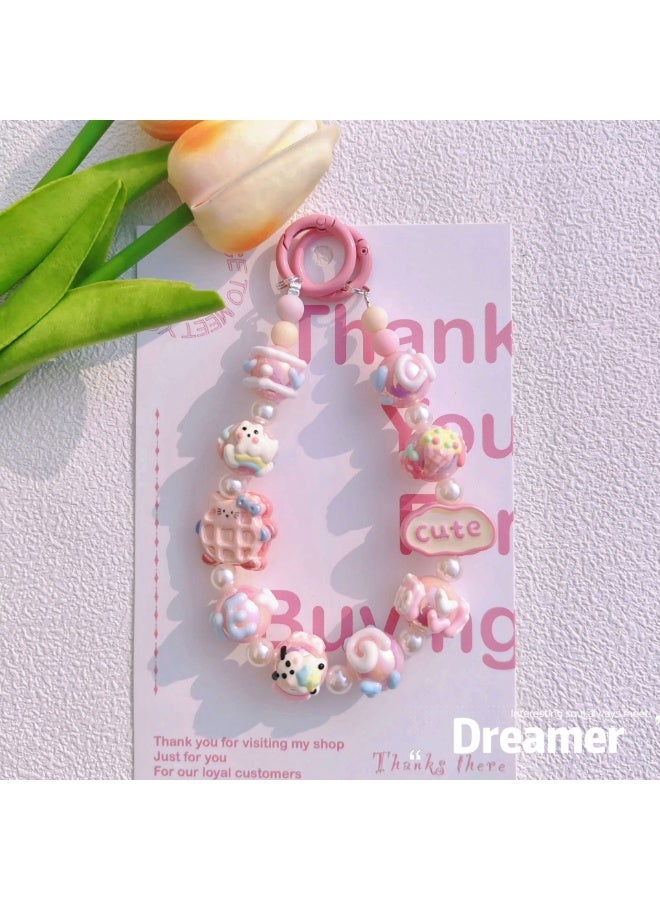 NIBEMINENT Beaded Phone Lanyard, Anti Lost Removable Wrist Strap,Cute Cartoon Bracelet Pendant, Phone Keychain Lanyard