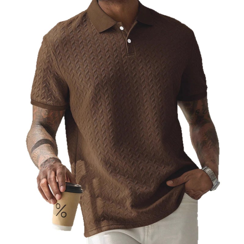 Men's Solid Color Short Sleeve Polo Shirt with Patchwork Detail, Polyester Blend - Image 2